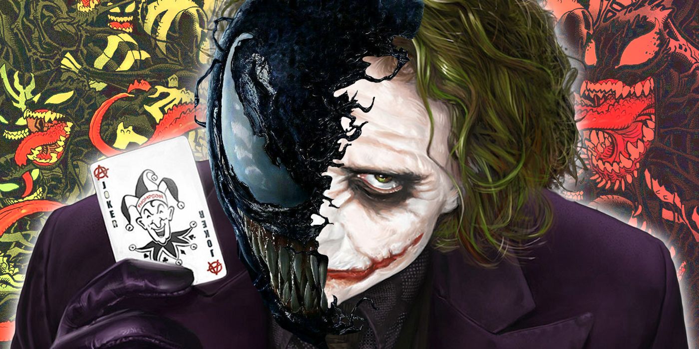 Joker from The Dark Knight holding a playing card while wearing Venom's symbiote