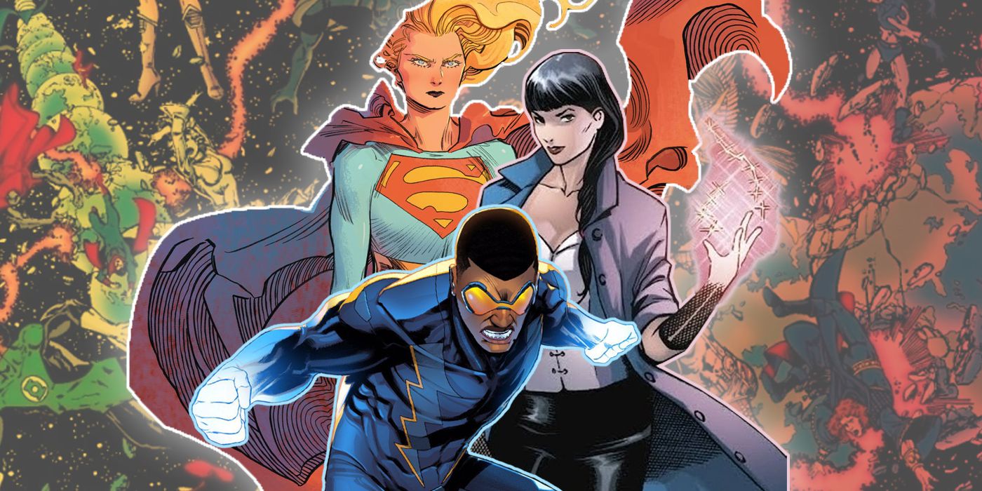 Supergirl, Zatanna, and Black Lightning with the Crisis on Infinite Earths in the background