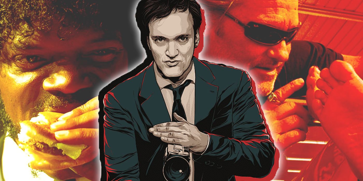 Quentin Tarantino holding a camera with scenes from Pulp Fiction and Death proof in the background