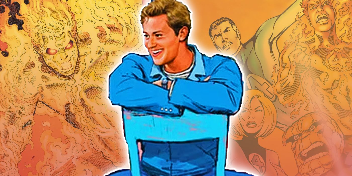 Joseph Quinn as Johnny Storm from the MCU's Fantastic Four with comic versions of Human Torch and the FF in the background