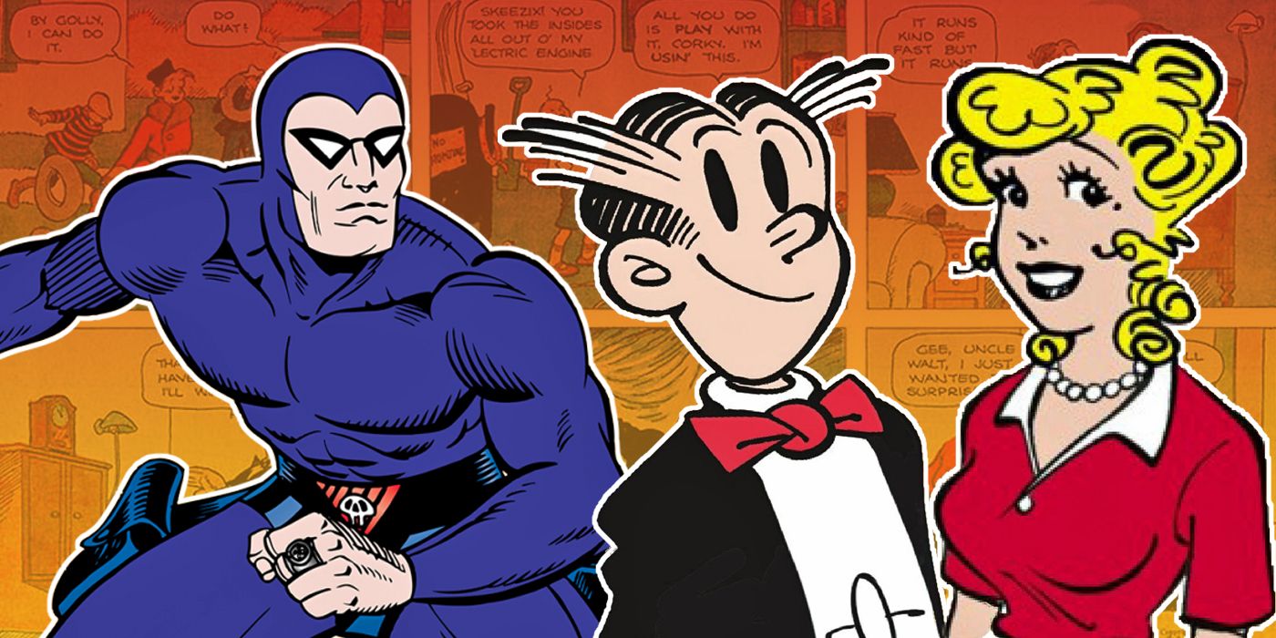 Collage of The Phantom, Blondie and Dagwood, with a Gasoline Alley comic strip in the background