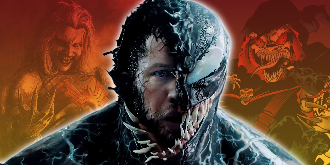 Eddie Brock wearing the Venom symbiote in the movie with Knull and Demogoblin from the comics in the background