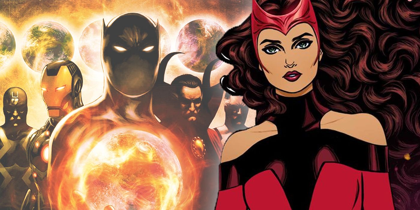 Scarlet Witch with Marvel's Illuminati holding parallel worlds in the background from Marvel Comics