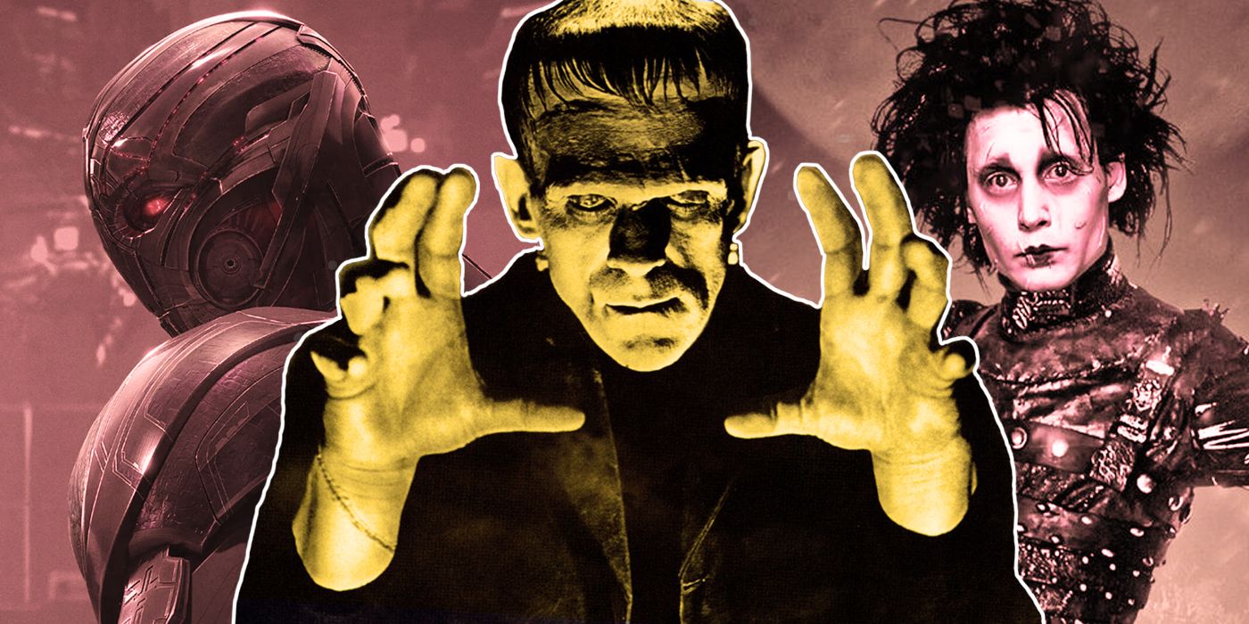 Frankenstein with his arms outstretched with Ultron from the MCU and Edward Scissorhands in the background