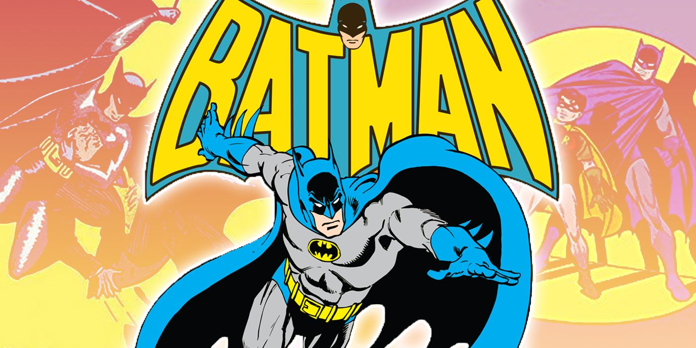Batman e seu logotipo com quadrinhos da Era de Ouro ao fundo