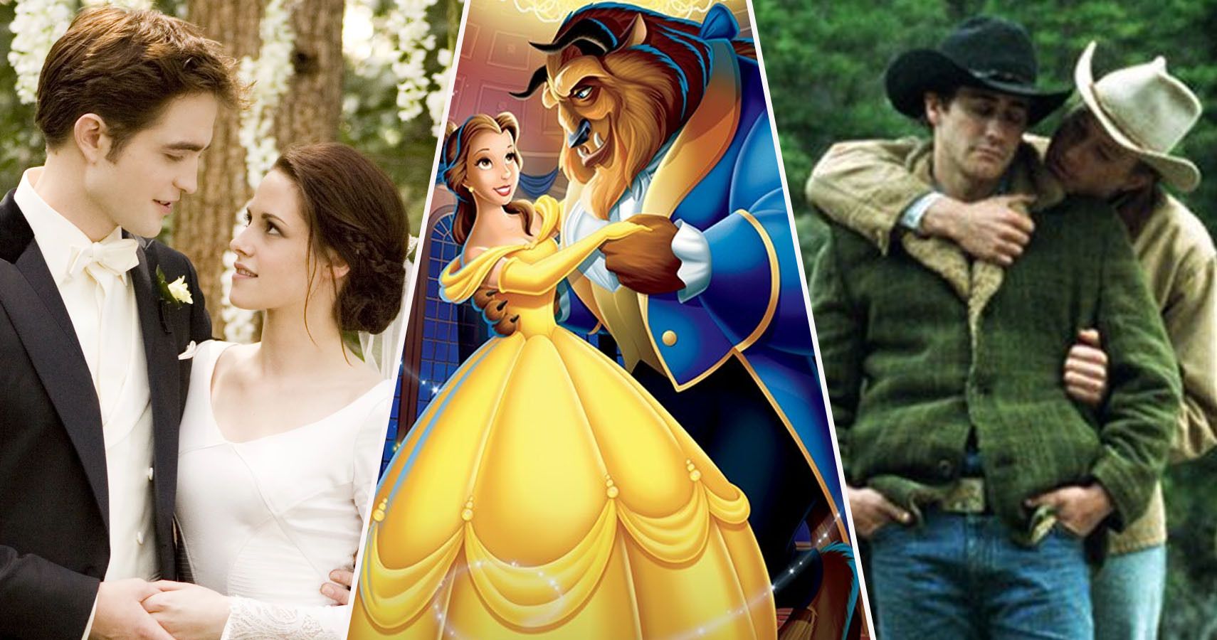 3 way split of the main couples from Twilight, Disney's Beauty and the Beast, and Brokeback Mountain