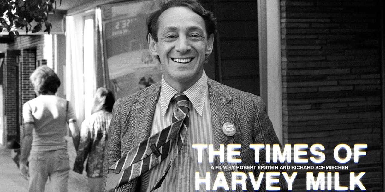 A promo banner for the documentary film The Times Of Harvey Milk features Harvey Milk smiling
