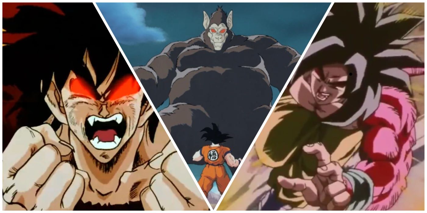 A Saiyan transforming, a Great Ape, and Super Saiyan 4 Goku from Dragon Ball.