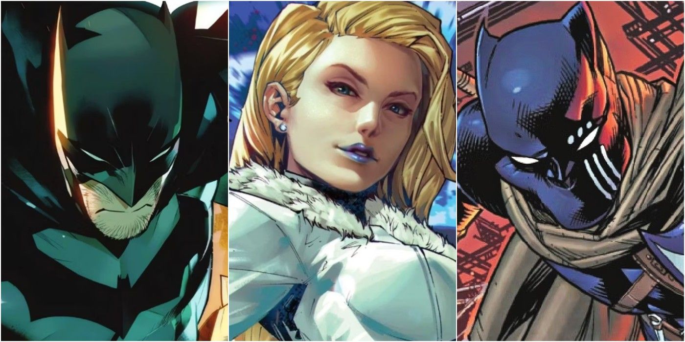 A split image of Batman, Emma Frost, and Black Panther