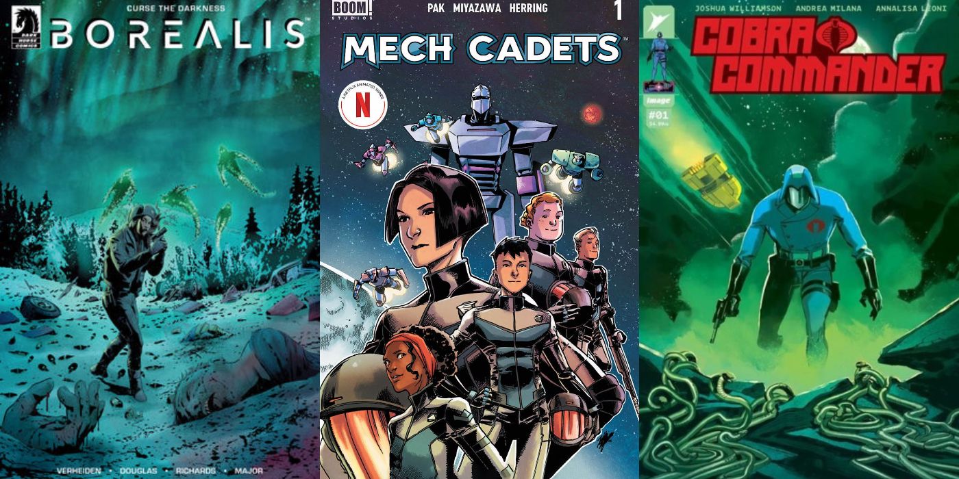 A split image of Borealis, Mech Cadets, and Cobra Commander