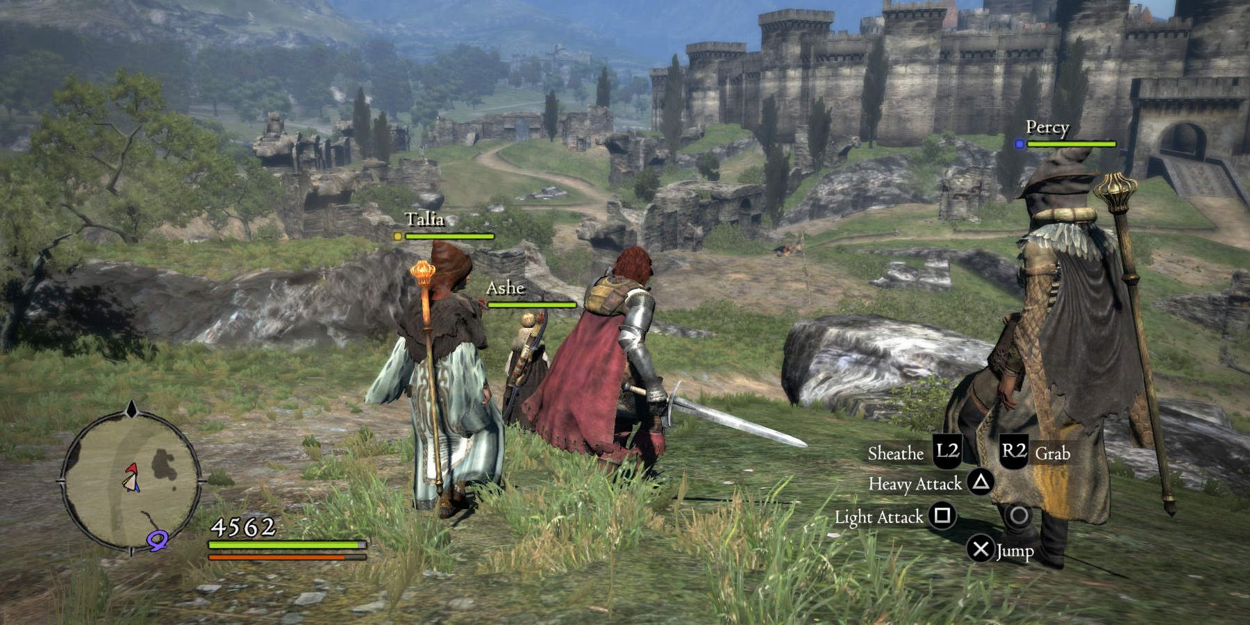 A traveling party walks through the fields in the game Dragon's Dogma: Dark Arisen