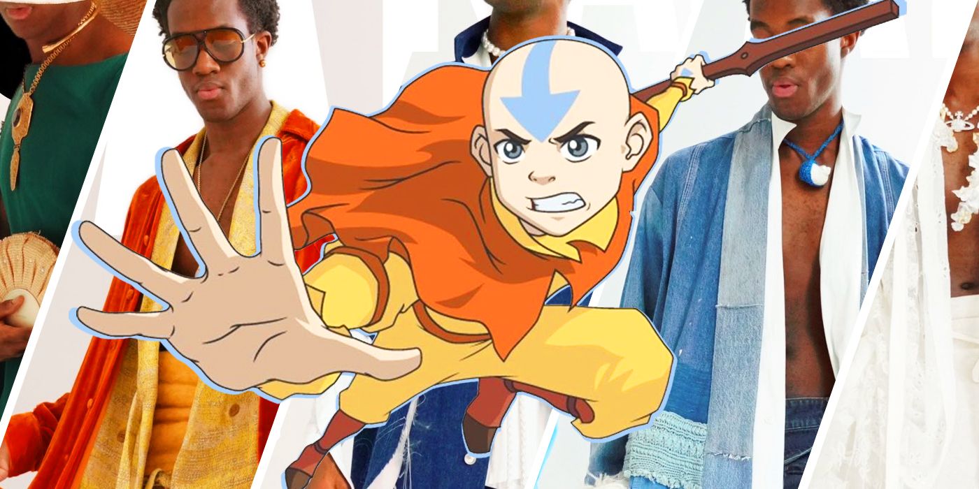 Aang from the original Avatar: The Last Airbender cartoon series and a high-fashion photoshoot