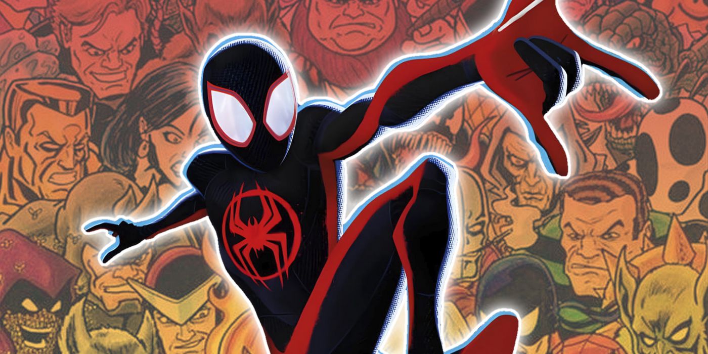 Miles Morales from Across the Spider-Verse with Spider-Man's villains in the background
