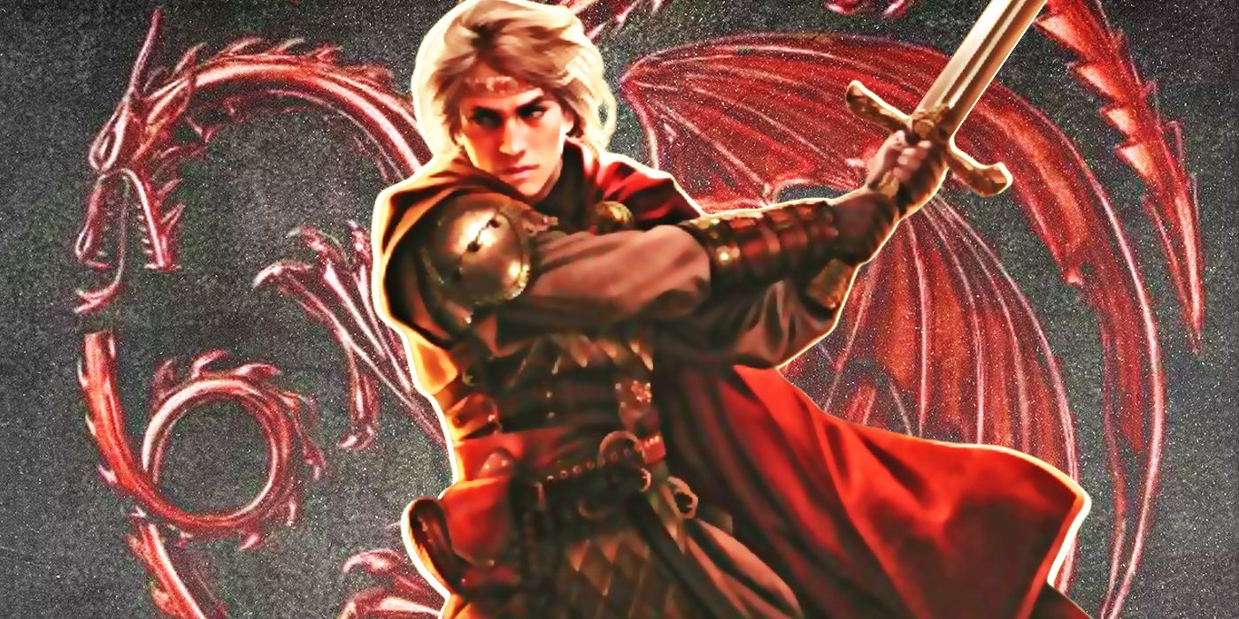 Aegon I Targaryen swings a sword in front of House Targaryen symbol