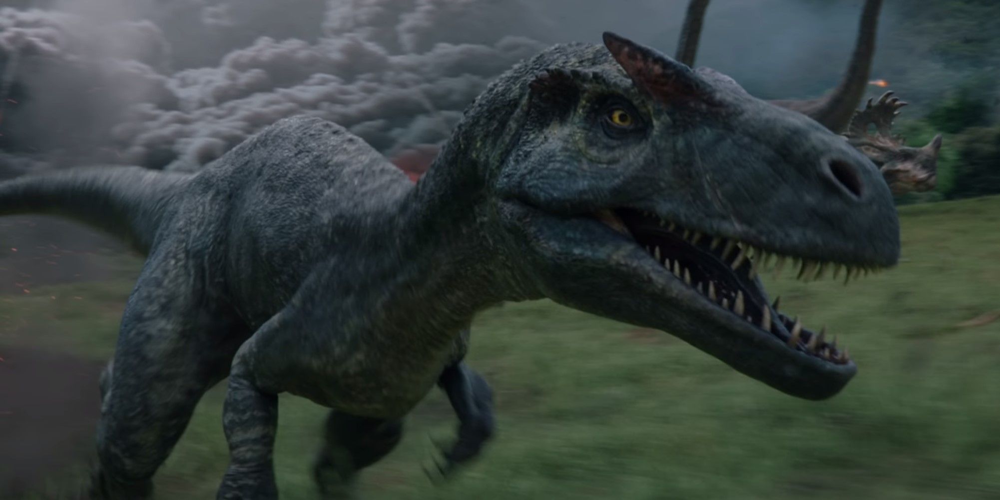 Allosaurus foge de um volacno em erupção no Jurassic World Fallen Kingdom