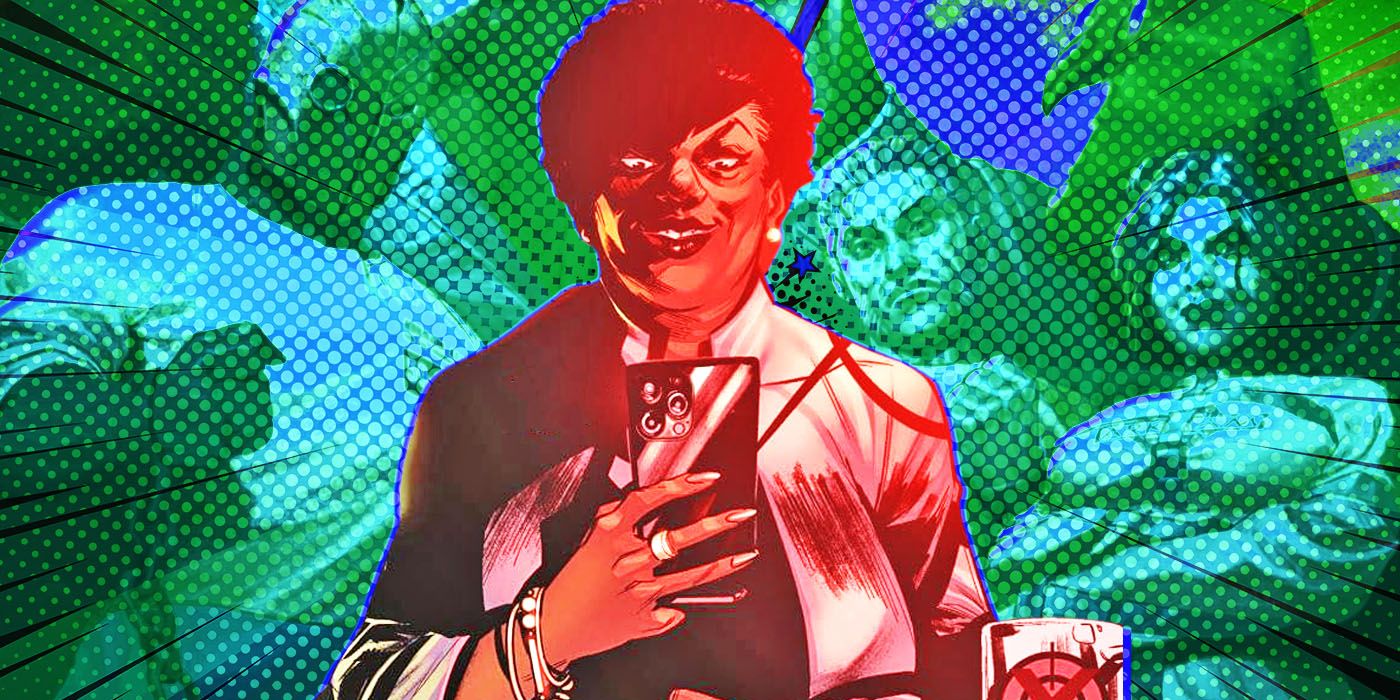 Amanda Waller holding phone in front of Suicide Squad
