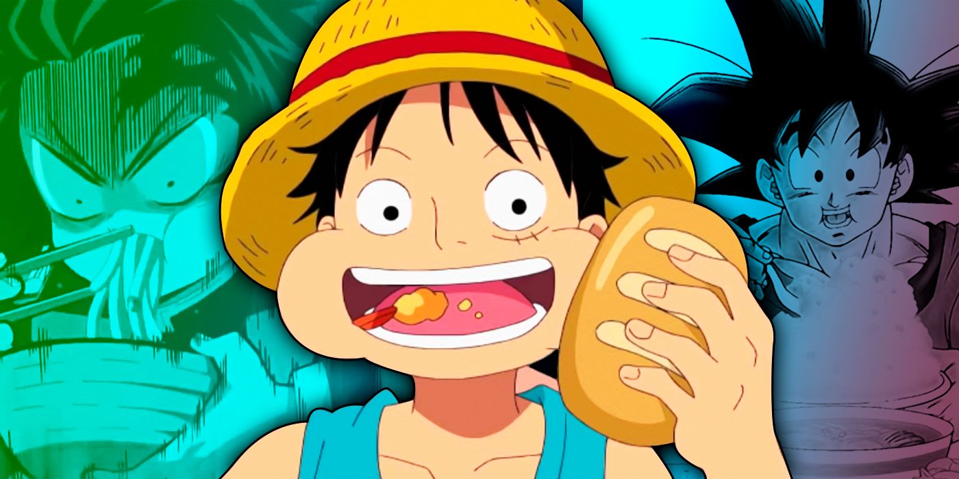 One Piece, Dragon Ball and Demon Slayer characters eating