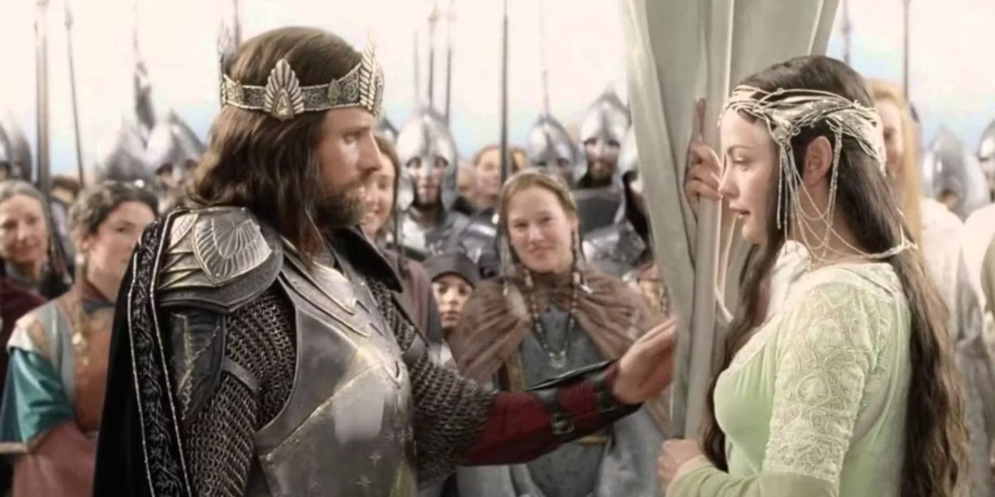 Aragorn e Arwen se reencontram em Gonder em O Senhor dos Anéis: O Retorno do Rei.