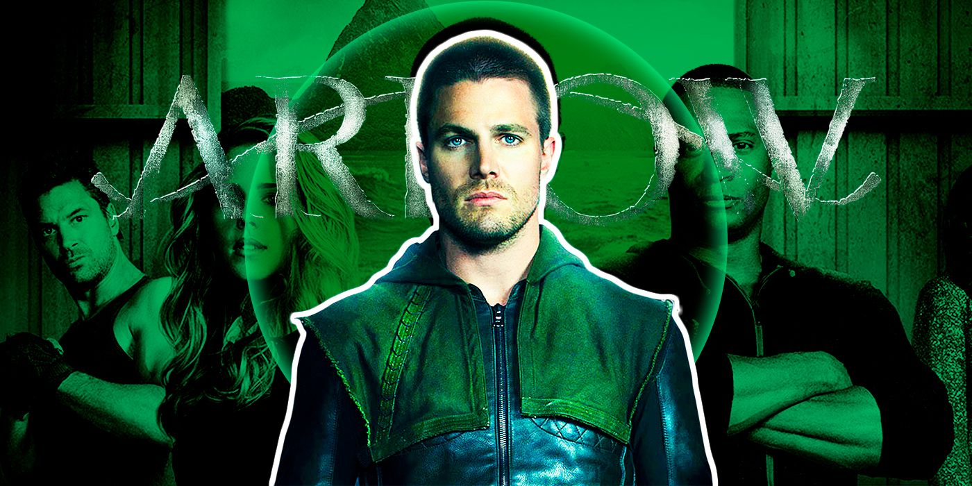 Stephen Amell's Arrow superimposed on the cast poster from Season 2 with a green filter.