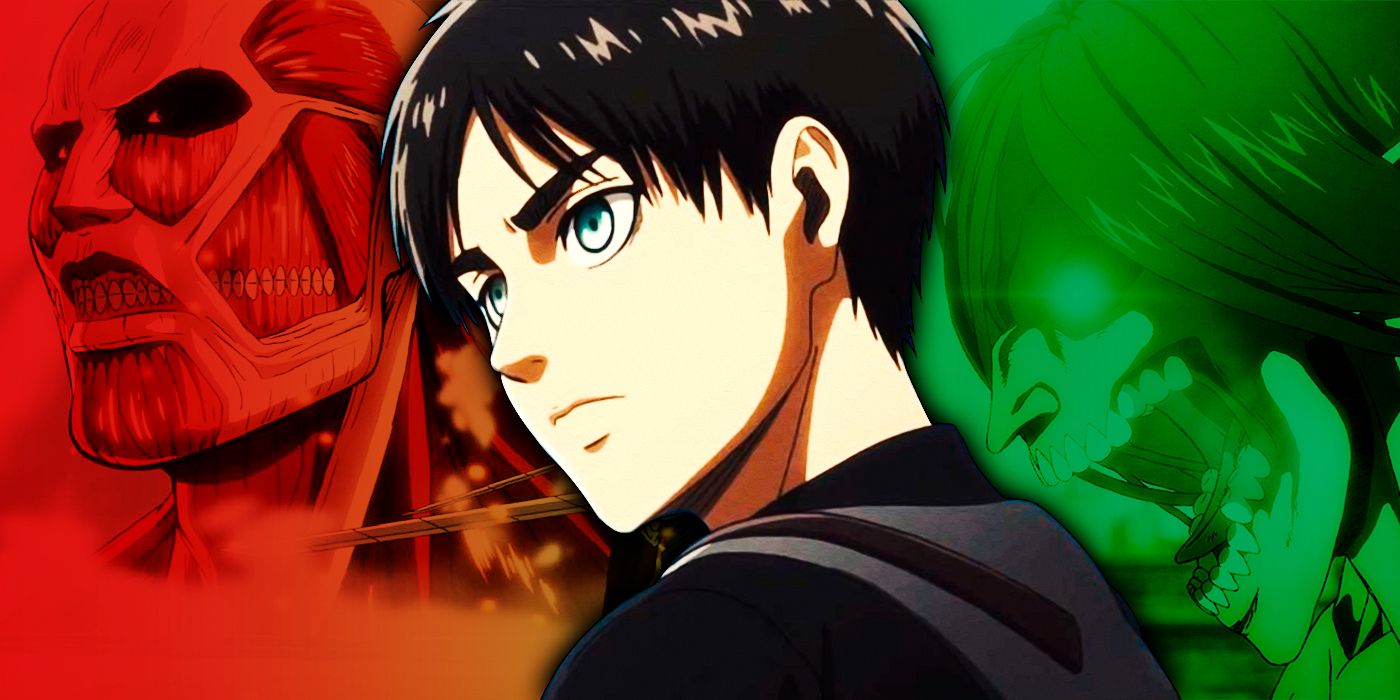 Custom Image of Eren from Attack on Titan in front of a multicolored background with two Titans.