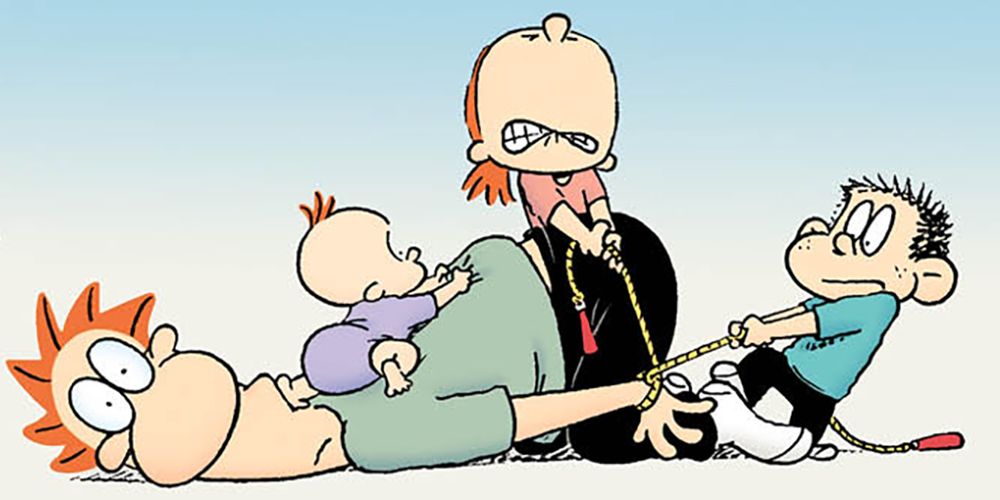 As crianças da história em quadrinhos Baby Blues amarram o pai