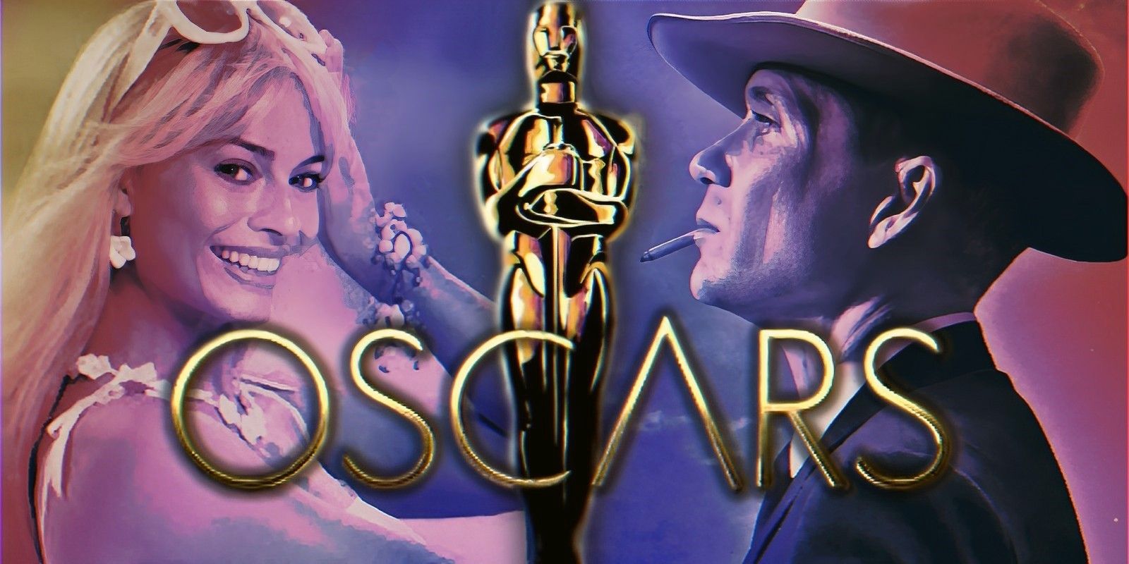 Margot Robbie’s Barbie smiling and Cillian Murphy’s Oppenheimer side profile alongside Oscars logo.