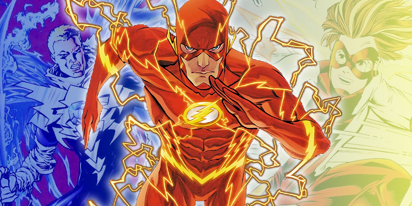 Barry Allen running as the Flash with Cobalt Blue and Impulse from DC Comics in the background