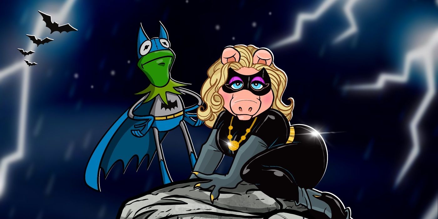 Batman and Piggy depicted as Batman and Catwoman