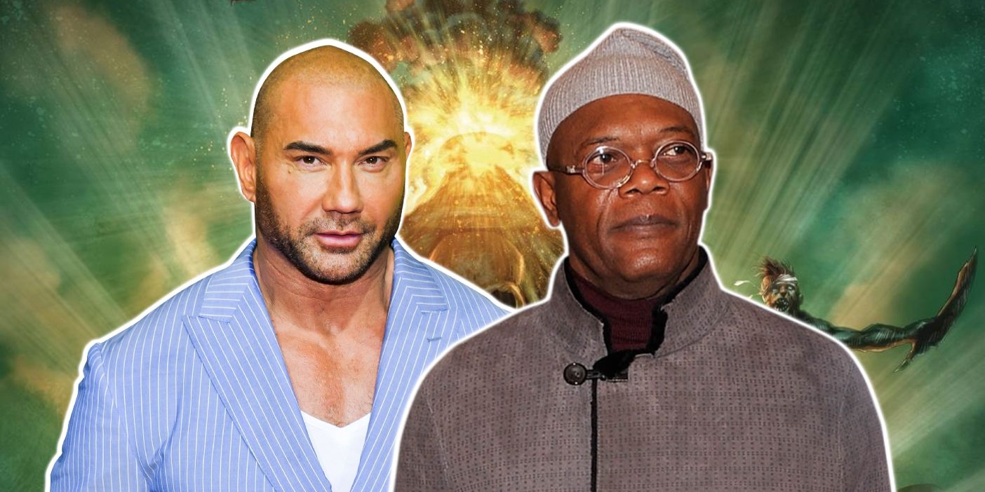 Dave Bautista and Samuel L. Jackson with Afterburn art