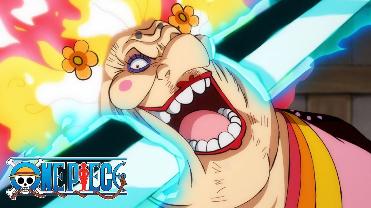 Big Mom being impaled by Law's sword in One Piece video clip