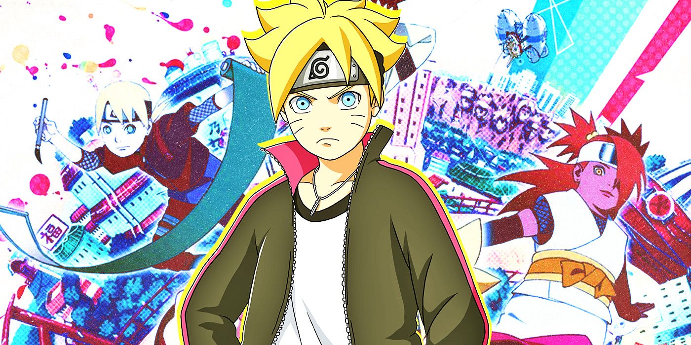 Boruto standing in front of a custom graffiti image with ninja's behind him