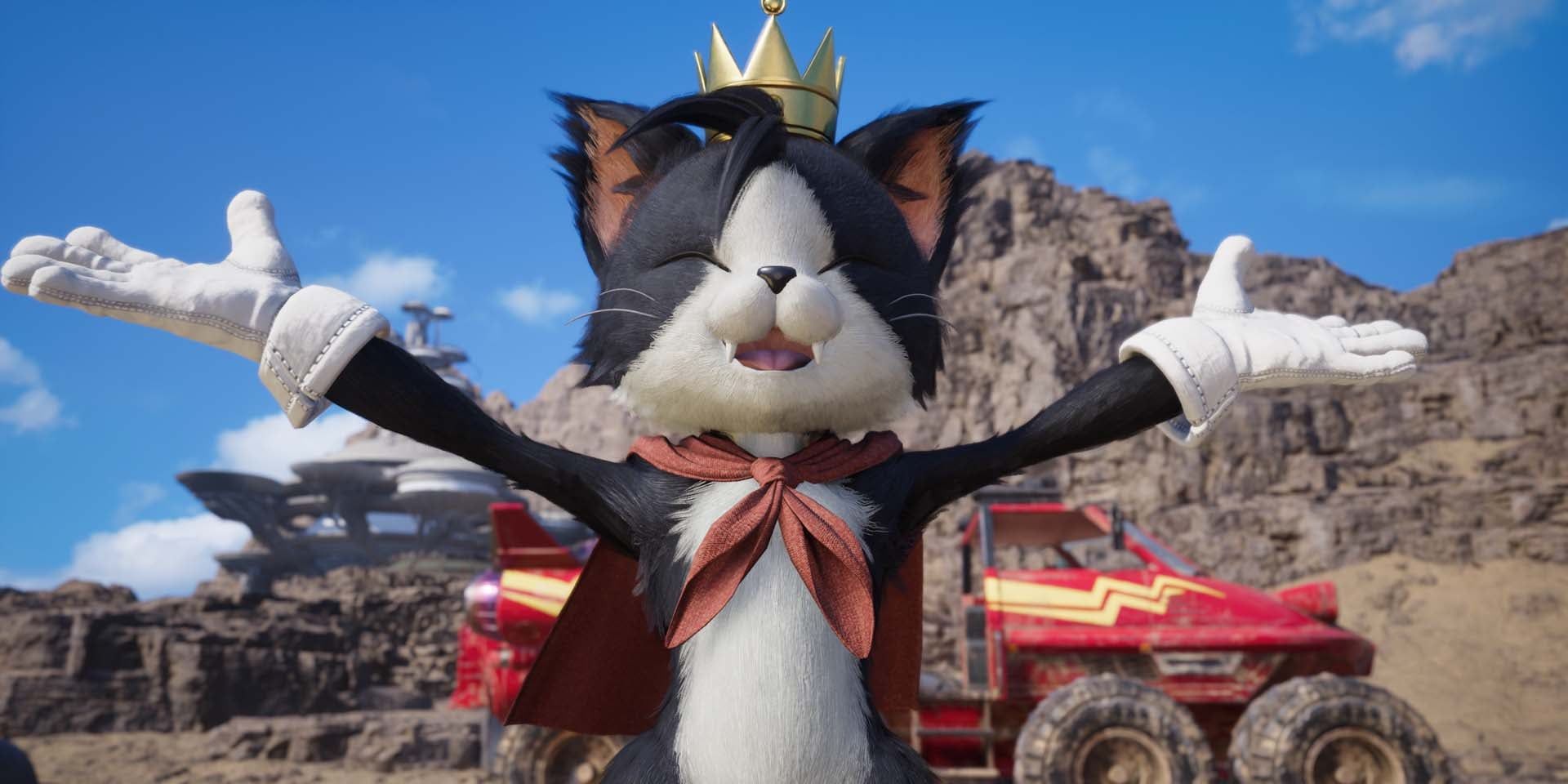Cait Sith with his arms out in front of the buggy in Final Fantasy VII Rebirth