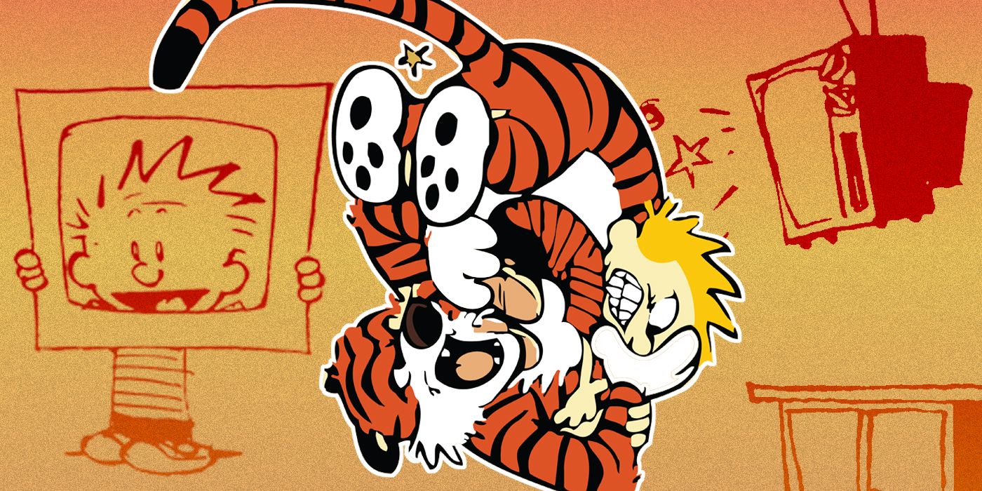 Calvin and Hobbes fighting with comic strips of TVs in the background