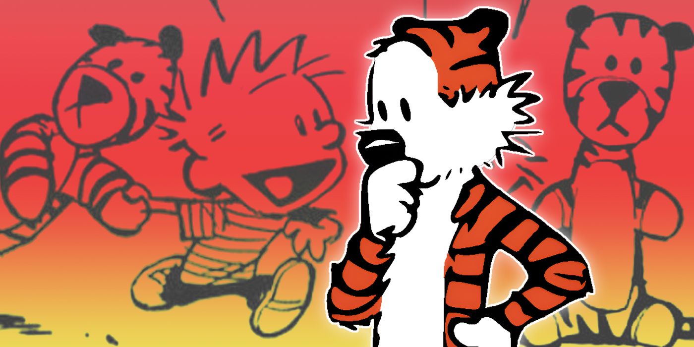 Hobbes as a tiger and as a stuffed toy being dragged by Calvin from Calvin & Hobbes