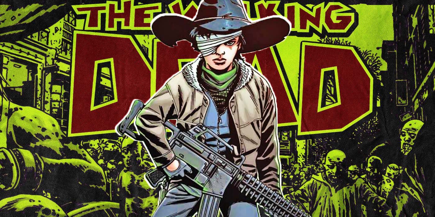 Carl Grimes holding a gun on the cover of a The Walking Dead Comic