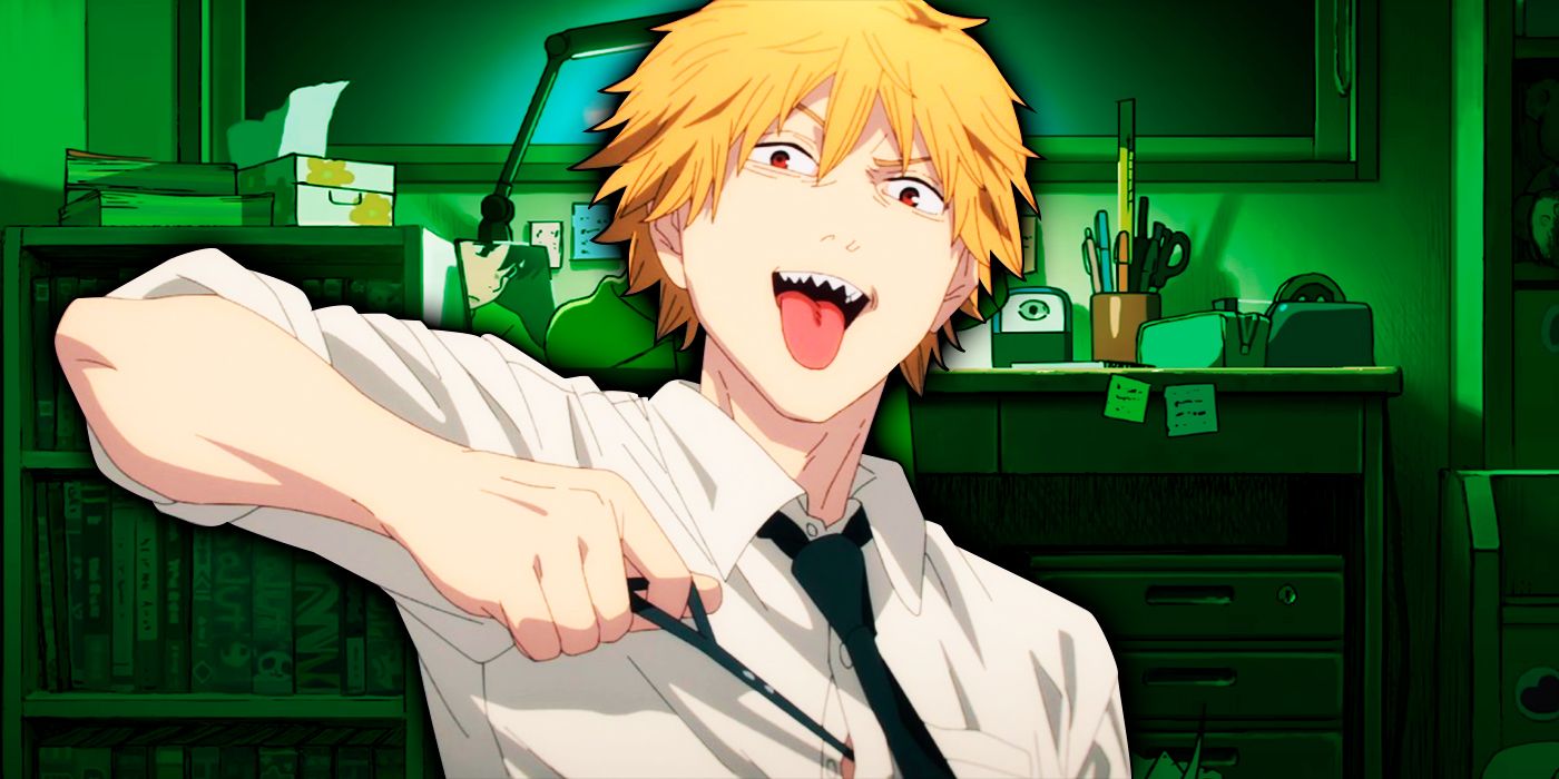 Denji from Chainsaw Man with Creator's Look Back anime in the background