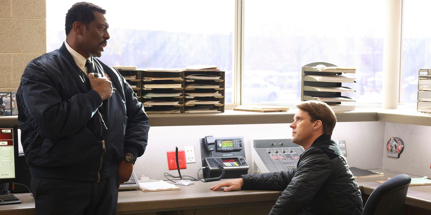 Boden (Eamonn Walker) talks to Casey (Jesse Spencer) at a desk in Chicago Fire Season 12, Episode 6