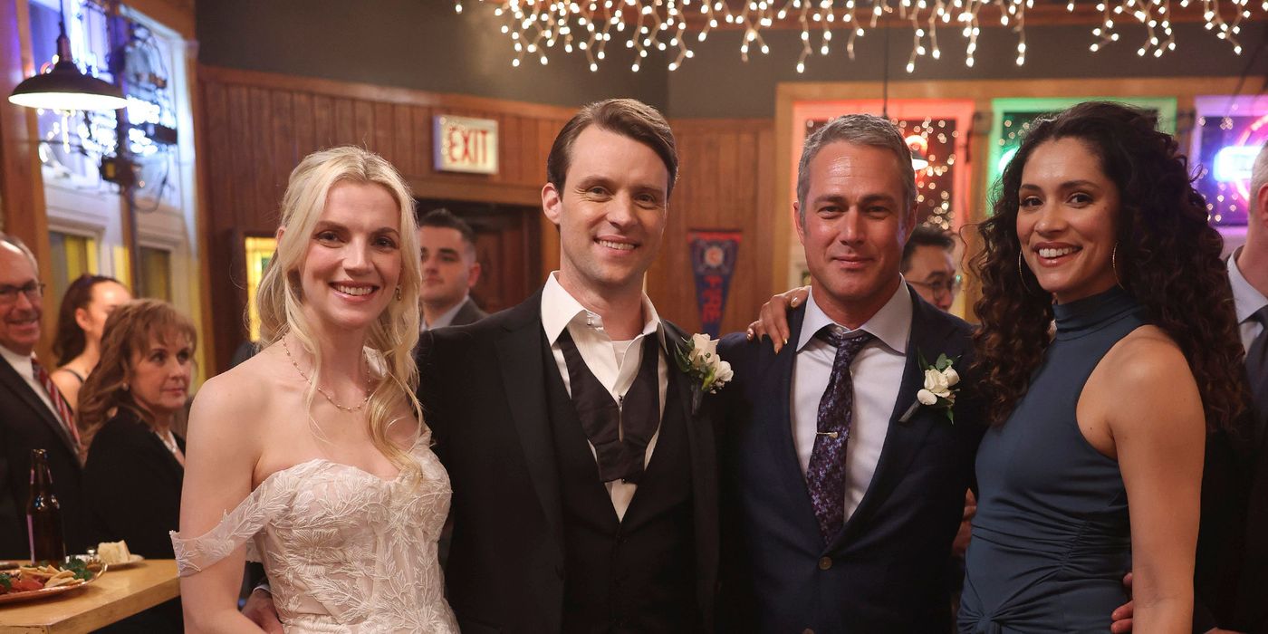 Brett, Casey, Severide and Stella stand together smiling in Chicago Fire Season 12, Episode 6