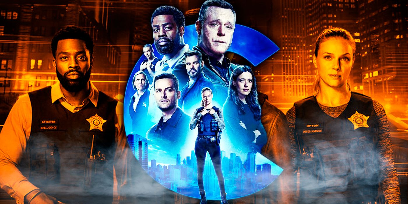 The cast of Chicago PD shown in a blue C inset against an orange cast still