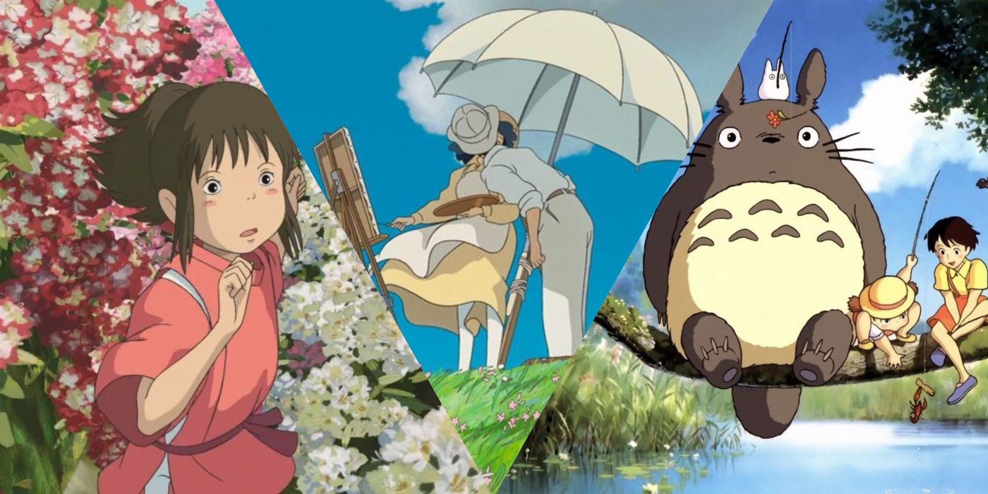 Chihiro from Spirited Away, Jiro and Naoko from The Wind Rises, and Satsuki, Mei, and Totoro from My Neighbor Totoro