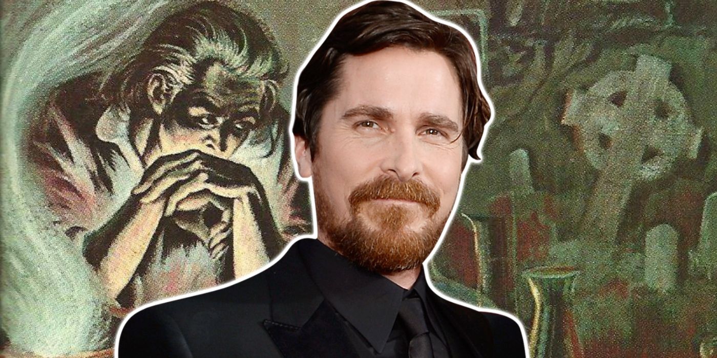 Christian Bale with Mary Shelley's Frankenstein novel artwork