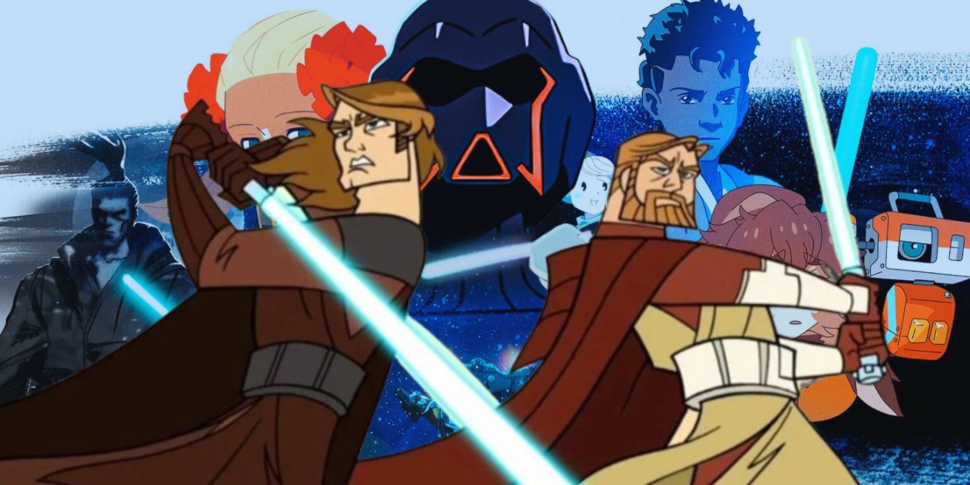 Obi-Wan and Anakin from Clone Wars in front of a promo image from Star Wars: Visions.