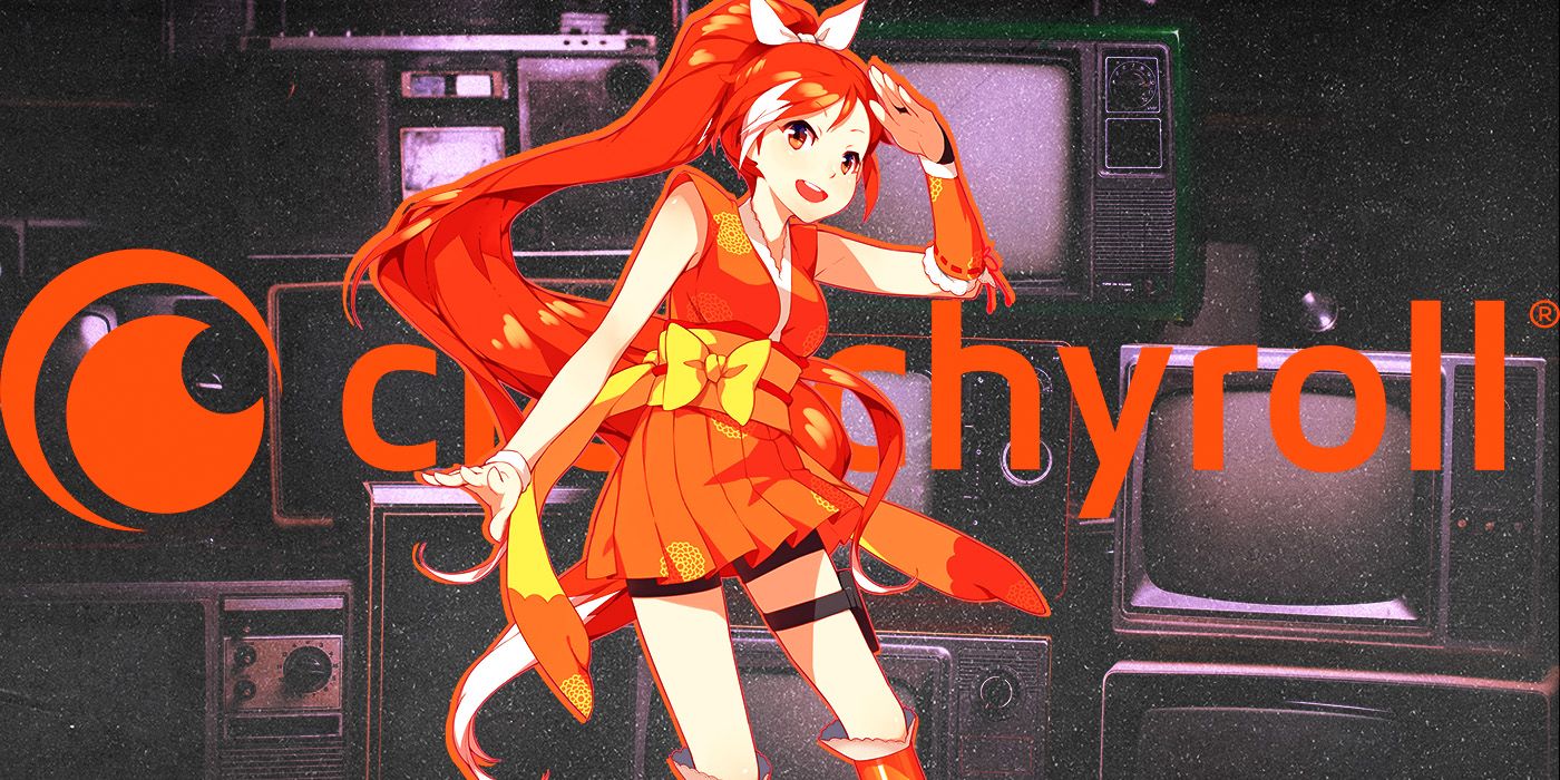 Crucnchyroll's logo and mascot Hime against a background of TVs