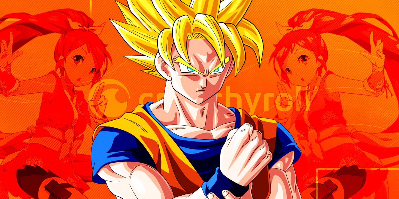 Super Saiyan Goku de Dragon Ball Z con el logo de Crunchyroll y la mascota detrás