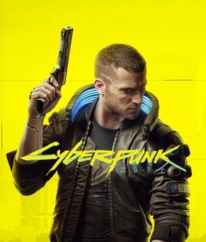 V looking to the side while holding a gun in the Cyberpunk 2077 game poster