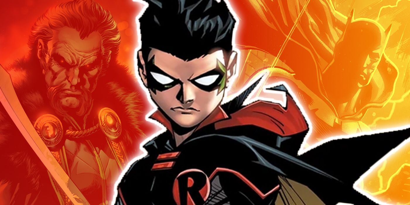 Damian Wayne como Robin com Ra's al Ghul e Batman da DC Comics ao fundo