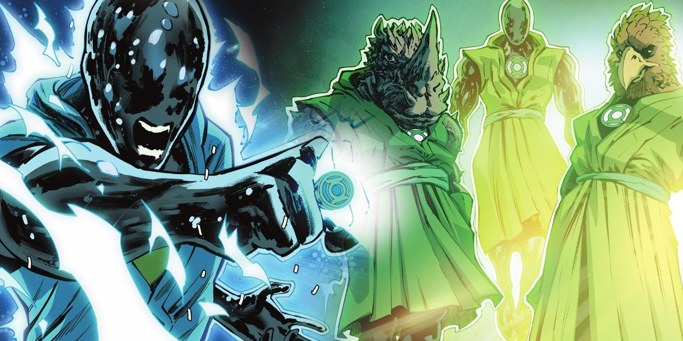 Os membros do United Planets Lantern Corps usando os espectros de cores verde e azul do Lanterna Verde #8