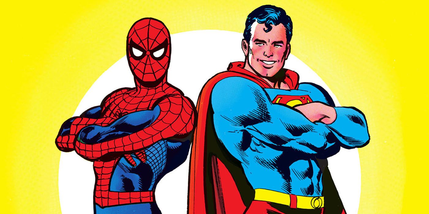 A collage of Spider-Man and Superman smiling while standing back-to-back