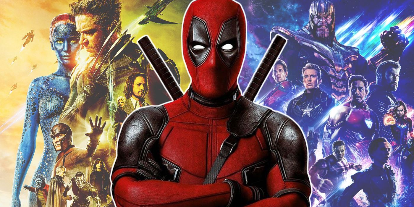 Deadpool con carteles de X-Men: Días del Futuro Pasado y Vengadores: Endgame al fondo