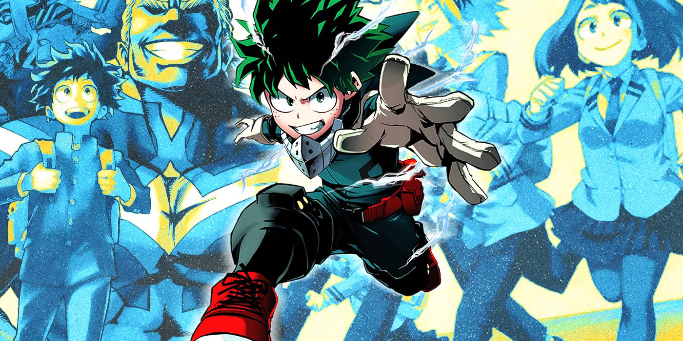 Izuku leaps forward with his hand out with his friends in the background, such as Ochaco.